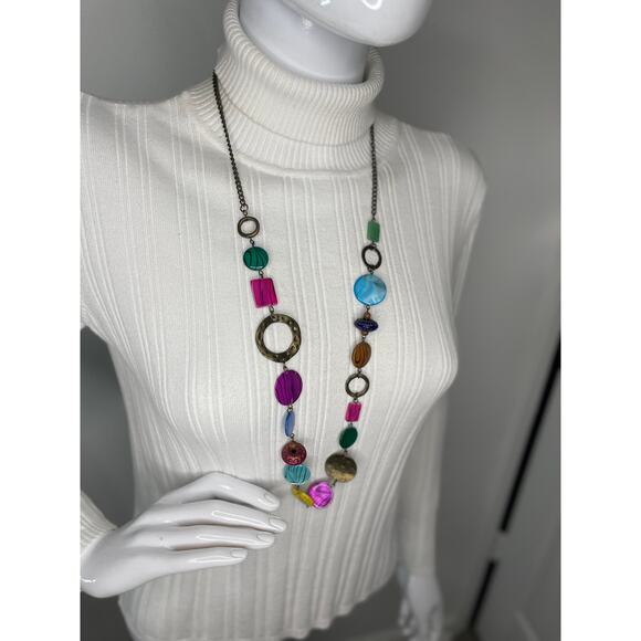 Necklace multi colored chunky disks beaded costume jewelry blue yellow pink - Picture 2 of 11